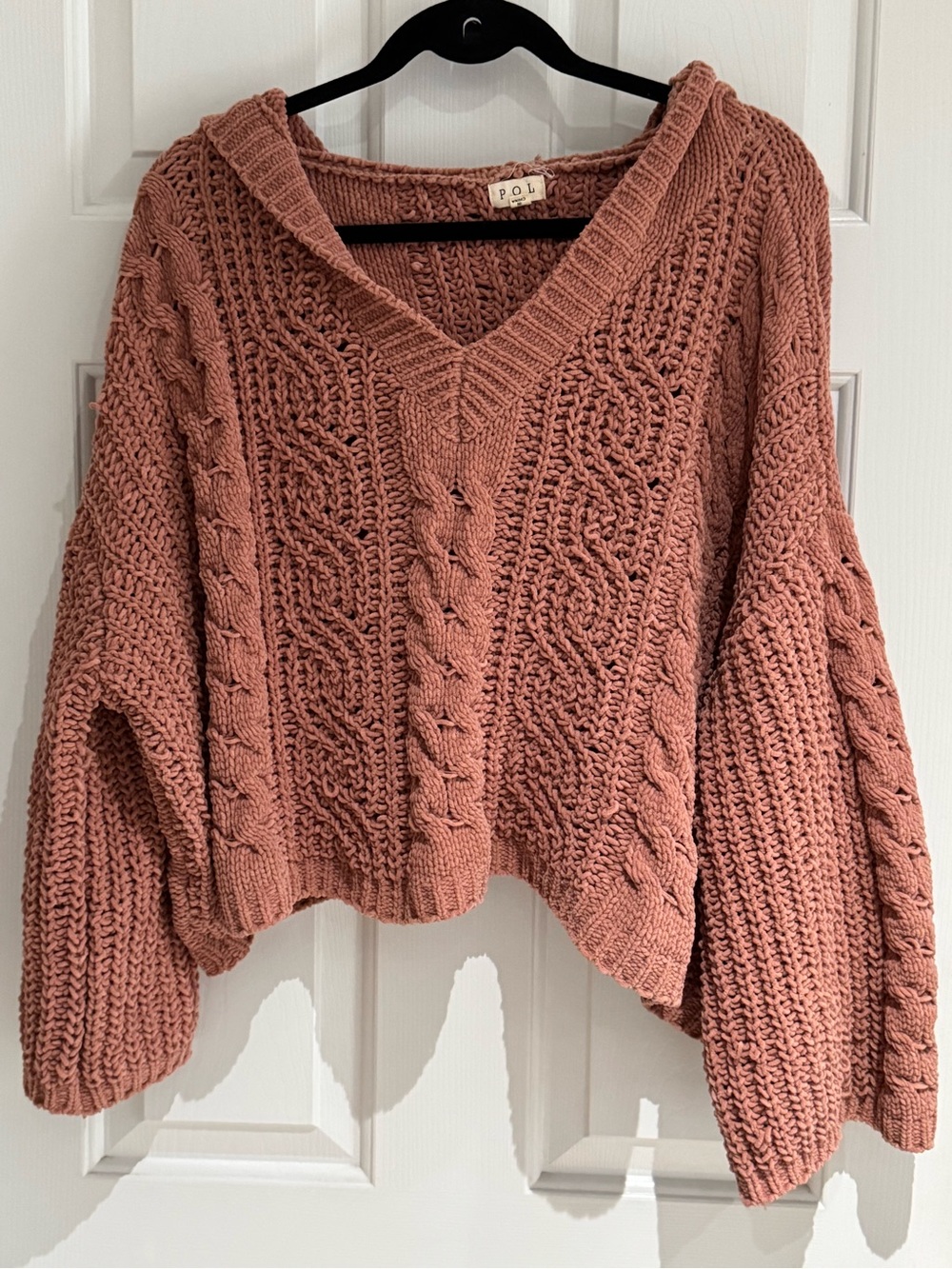 POL Cable-Knit V-Neck Crop Top Sweater in Brown